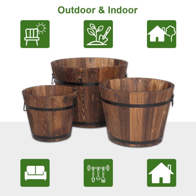 iTopRoad Wooden Bucket Barrel Garden Planters Set Rustic - itoproad